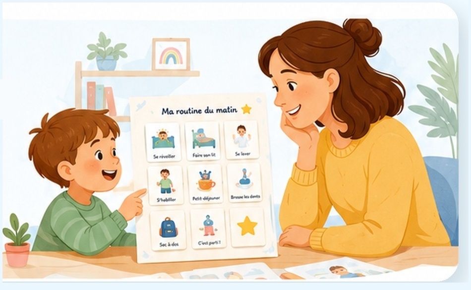 Une mère et son enfant utilisent un tableau de routine visuelle